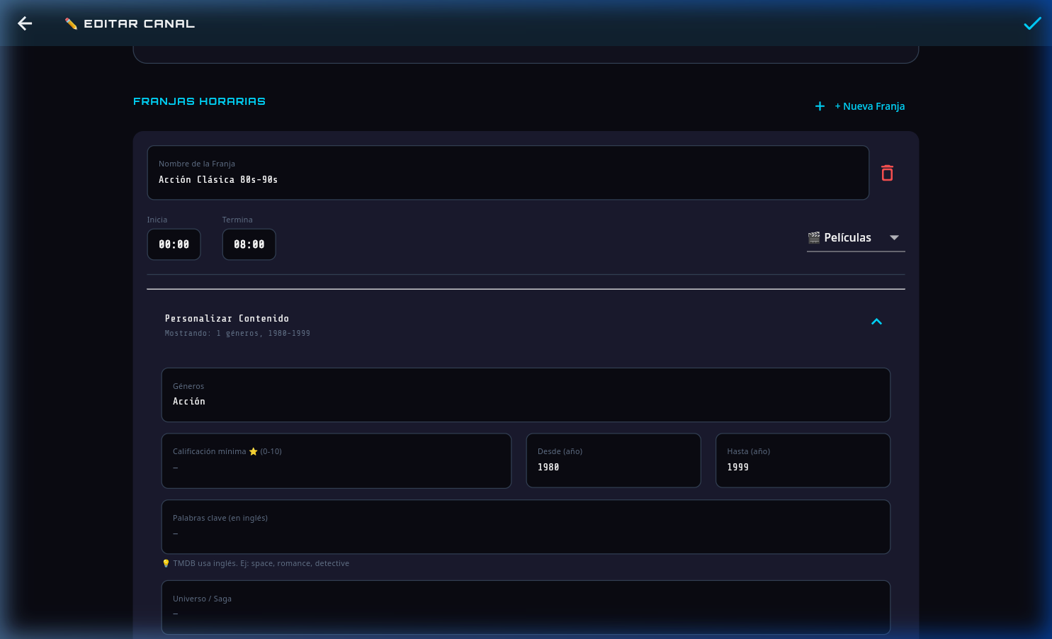 Editor de canales y criterios de búsqueda